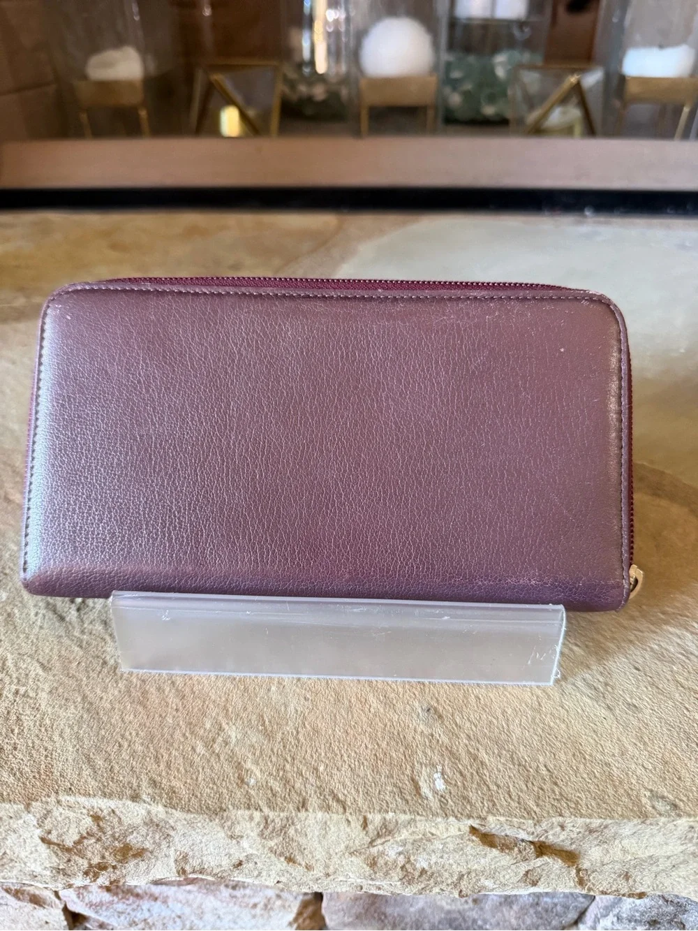 CHANEL Plum Camellia Zip Around Leather Wallet